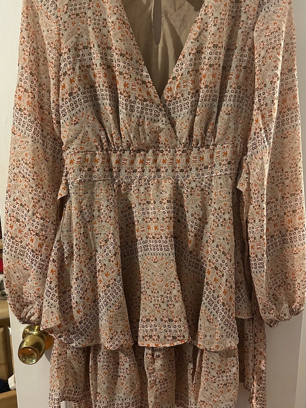Women's Beige Floral Tie-Waist Mini Dress
